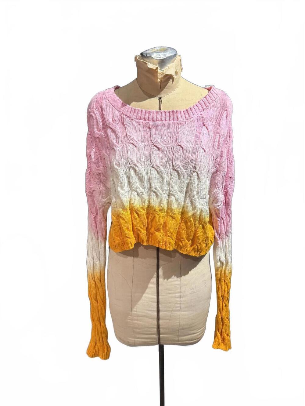 Sincerely Jules Colorblock Cable Knit Sweater with Pink, White, and Mustard